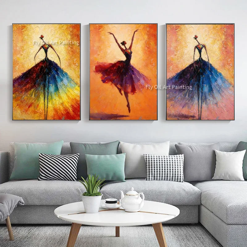 Ballet Dancing Girls Modern 3 Panels 100% Hand Painted Oil Paintings on Canvas Wall Art Work for Living Room Home Decorations