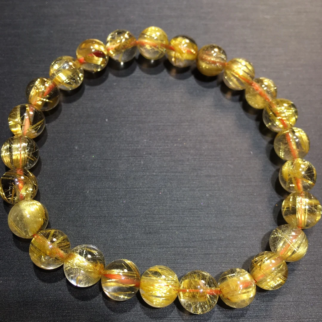 

Natural Gold Rutilated Quartz Titanium Bracelet Cat Eye 7.5mm Clear Round Wealthy Woman Men Beads Jewelry Brazil AAAAAAA