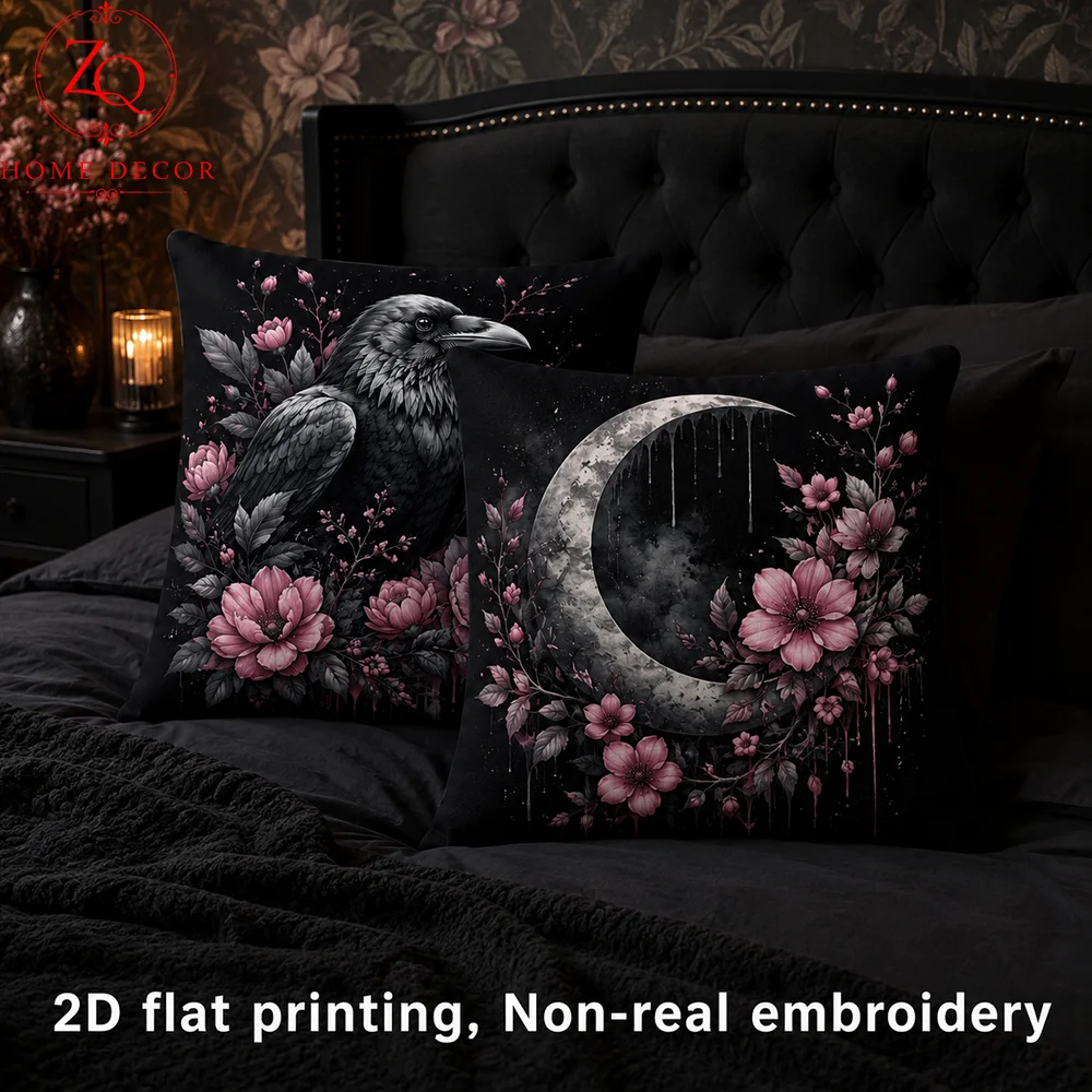 Gothic Crow Pillow Cover 2D Flat Printed Peach Skin Raven Moon Cushion Case Floral Bird Pillowcase Couch Sofa Bed Home Decor