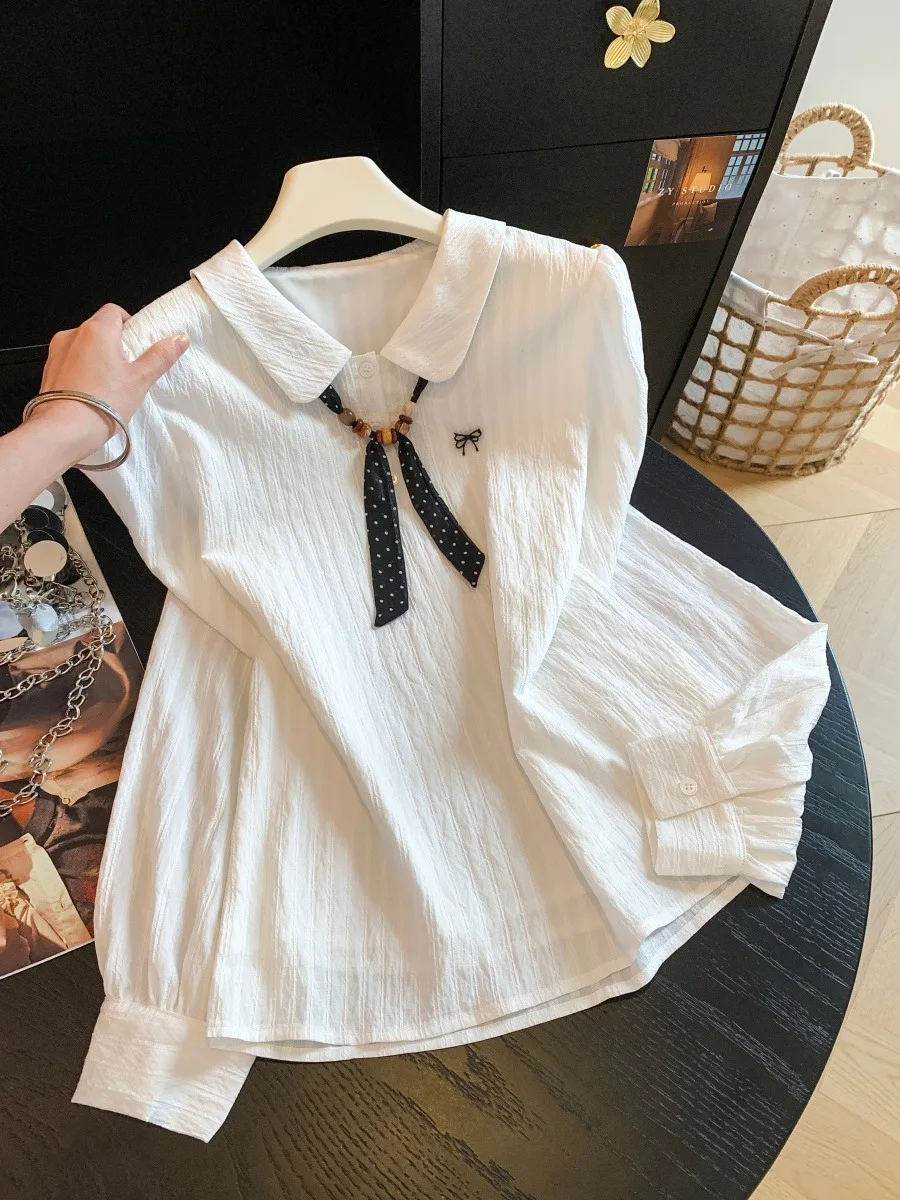 Textured White  Collar Long Sleeve Shirt Women's Vintage Polka Dot Bow Tie Loose Top Korean Style Commute Fashion
