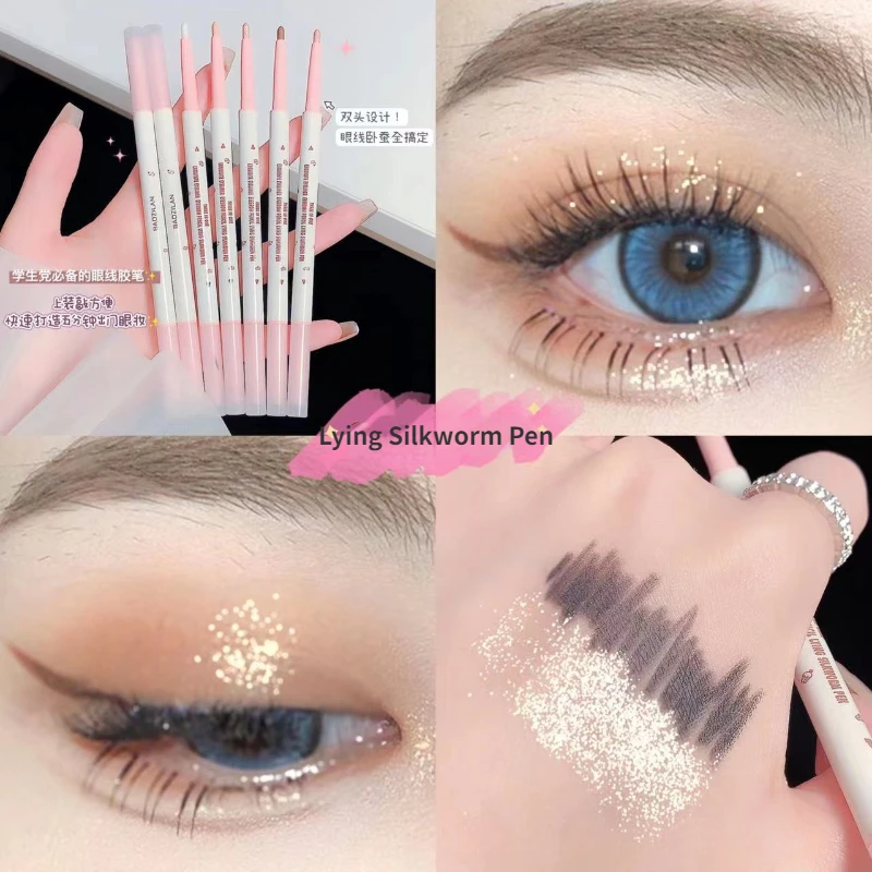 Doppelköpfiger liegender Seidenraupenstift, Glitzer-Lidschatten-Stick, Eyeliner-Stift, Schönheits-Make-up, wasserdichter Eyeliner-Stift für Frauen, Kosmetik