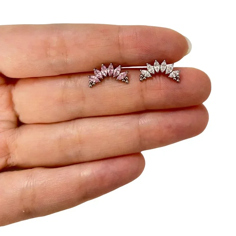 ASTM F136 Titanium PIERC 6 CZ Marquise With Tri-bead Cluster Threaded Top Ear Cartilage Earrings Lip Ring Stud Piercing Jewelry