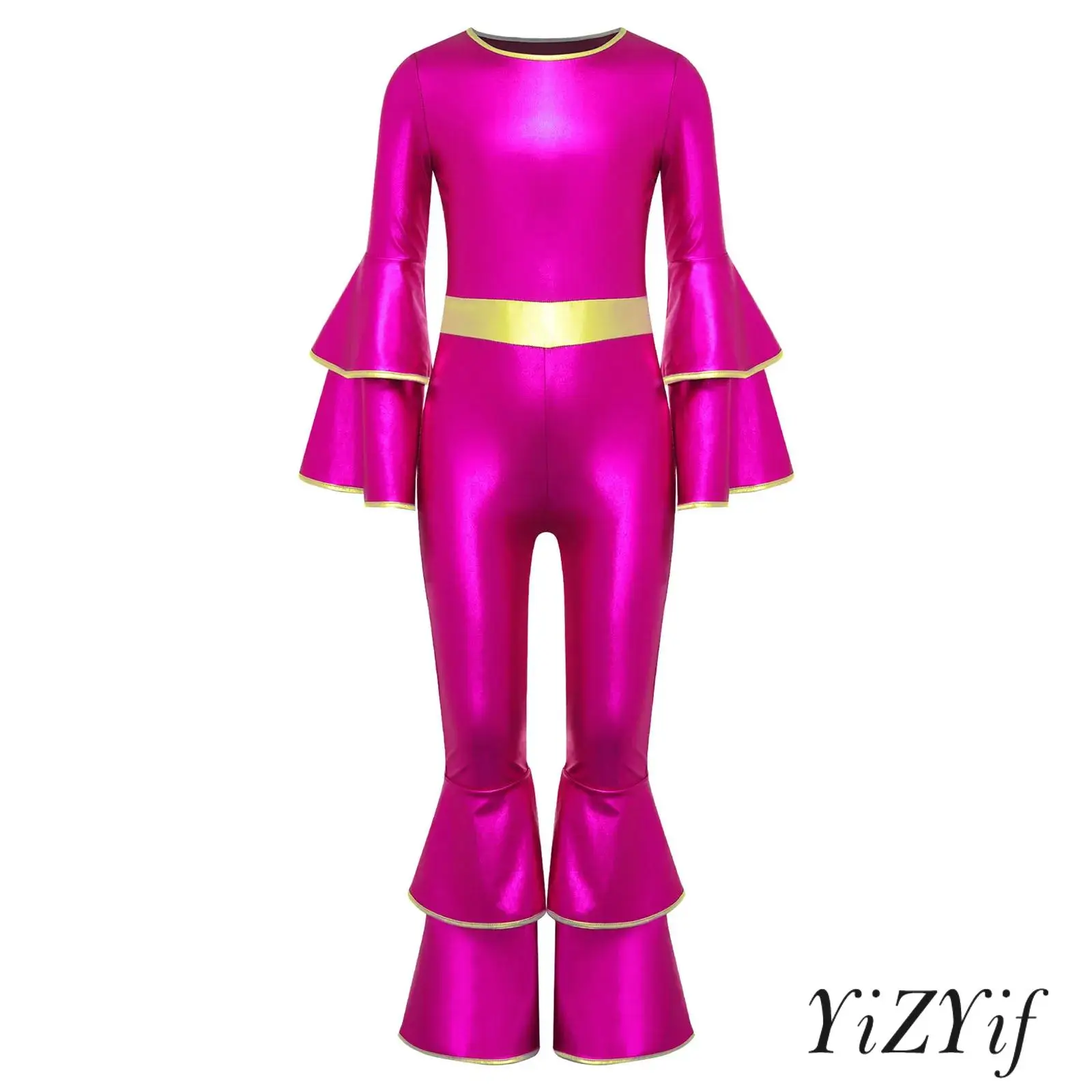 

Retro 70s 80s Disco Jumpsuit for Girls Sparkling Metallic Flared Pants High Waist Design Jumpsuit for Rock Musical Theme Parties