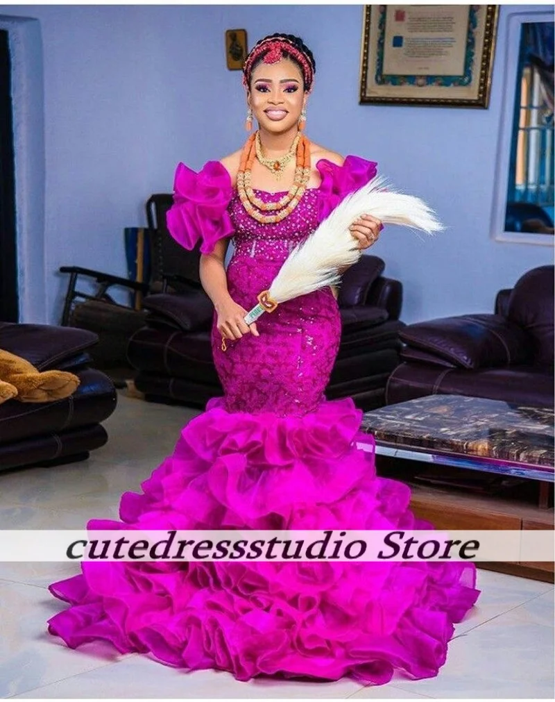 Charming Purple Sequins Evening Dresses For Women Multi-Layered Ruffles Puffy Sleeves Wedding Party Dress Prom Gowns Customized