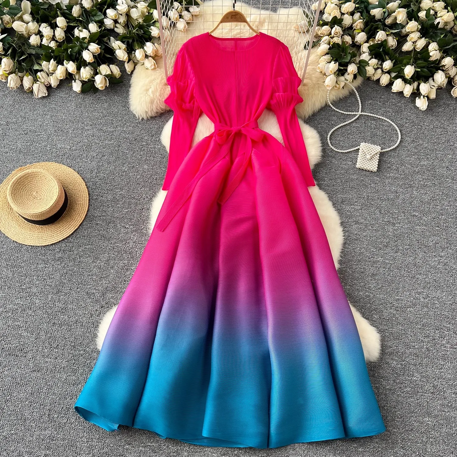 Miyake Gradient Color Pleated Dress for Women's New Year Original Designer Bud Sleeve Oversize Loose Belt Long Robe Vestidos - AliExpress 200000345 Miyake Gradient Color Pleated Dress for Women's New Year Original Designer Bud Sleeve Oversize Loose Belt Long Robe Vestidos - AliExpress 200000345