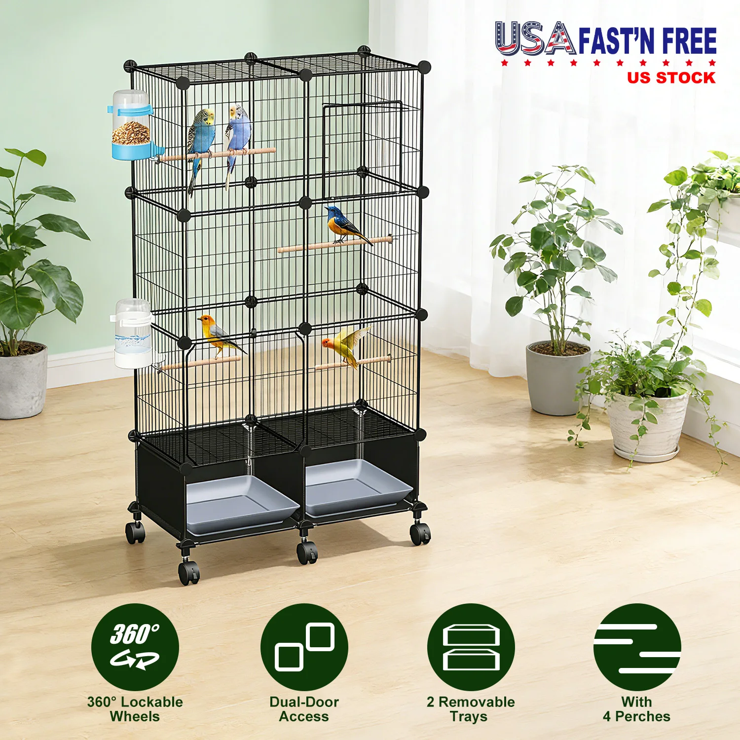 

46in Large Bird Cage Rolling Flight House for Parakeets Finches Cockatiels, Spacious Pet Birdcage with Trays, US Stock