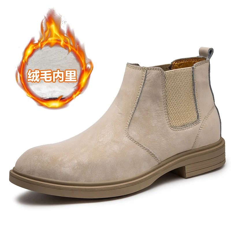 

Winter Boots Men Leather Shoes Fashion Slip On Ankle Chelsea Boots Fur Warm Genuine Leather Boots Male Plus Size 37-47