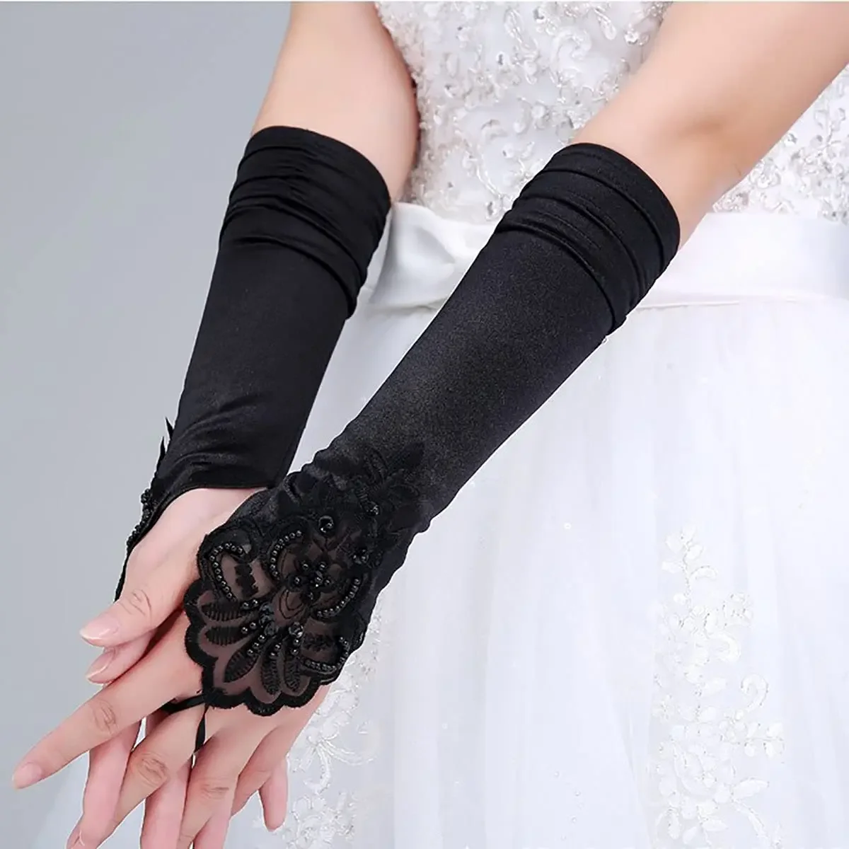 Guantes Flapper teñidos con cuentas negras, sin dedos, hasta el codo, guantes de fiesta de ópera de noche, tul transparente para mujer