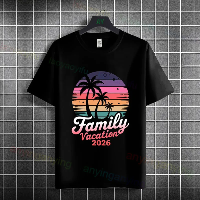 Men & Women's Family Vacation 2026 Graphic T-shirt with Retro Sunset Palm Tree Desgin Pure Cotton Short Sleeve Casual Tshirt
