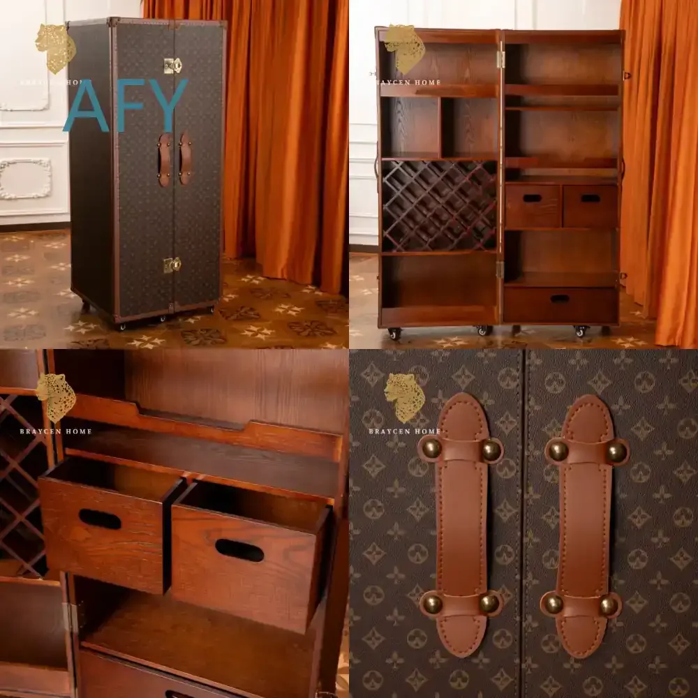 Wine Cabinet for Hotel VIP Room Villa House Wood Tall Full Top Grain Leather 2 Doors Living Room Whisky Display Cabinet Bar