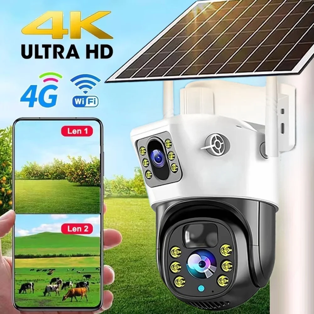 4G / WiFi Solar Camera Dual Lenses Outdoor 8MP 4K Low Power Battery IP Camera PIR Night Vision V380 Pro CCTV Security Protection