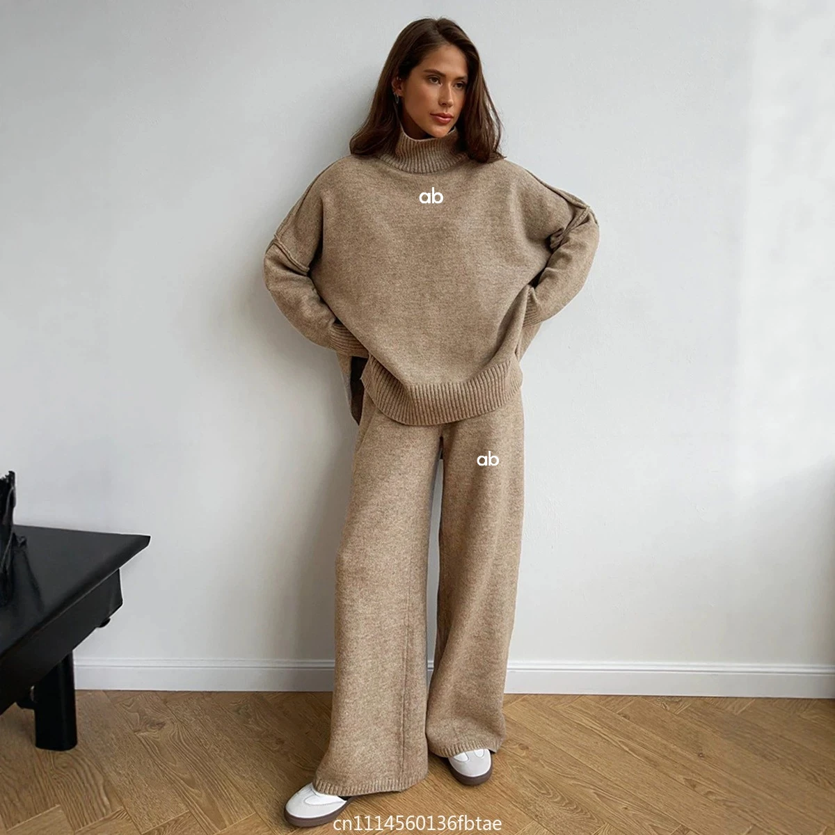 Autumn High Neck Sweater for Women Loose Casual Lazy Thick Knit Long Pants with Wide Legs Set Fashion Long Sleeves Two-piece Set