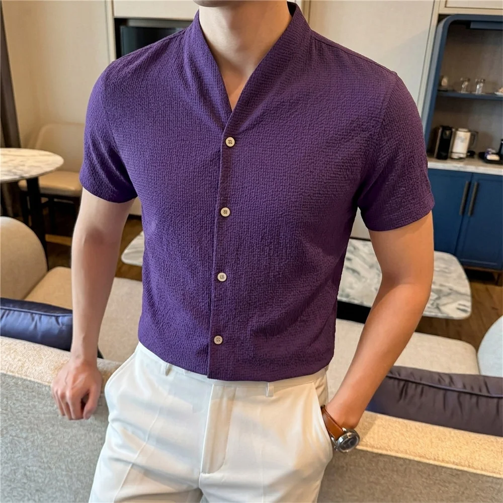 

Retro Short Sleeved Formal Shirts for Man Casual V-Neck Slim Fit Business Men Dress Shirt British Style Button Up Top Streetwear
