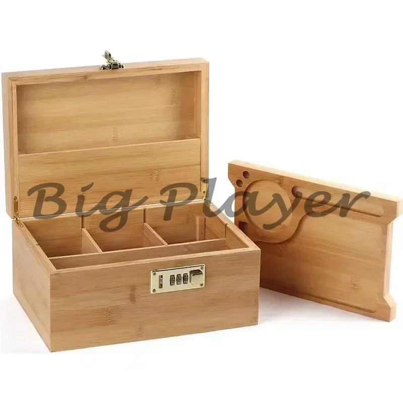 New Bamboo Storage Box with Lock Movable Rolling Tray Tea Cigarettes Operationed Trays Cut Tobacco Reel Handmade Large Stash Kit