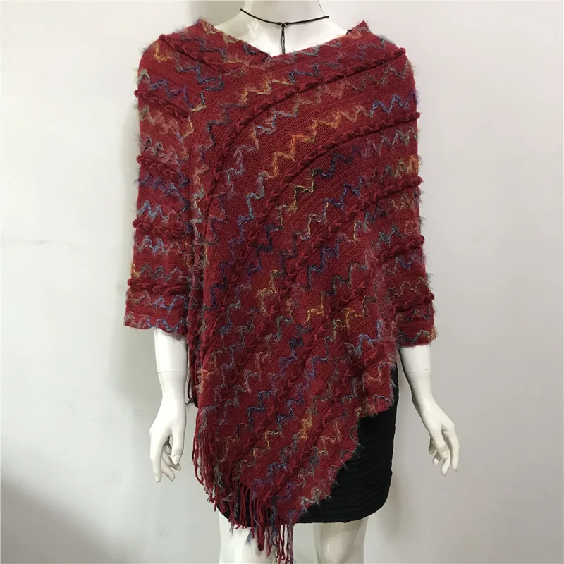 

2022 New Spring Autumn Leisure Women Pullover Thin V-neck Lady Cloak Shawl Sweater Color Wavy Pattern Sunscreen Red