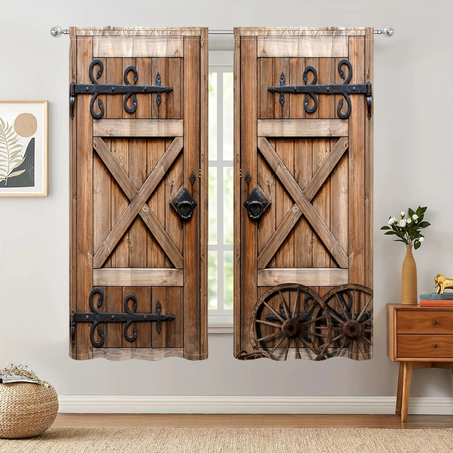 2pcs Rustic Wooden Door Print Curtain - Rod Pocket Window Treatment for Home Decor for Bedroom,Office,Kitchen,Living Room