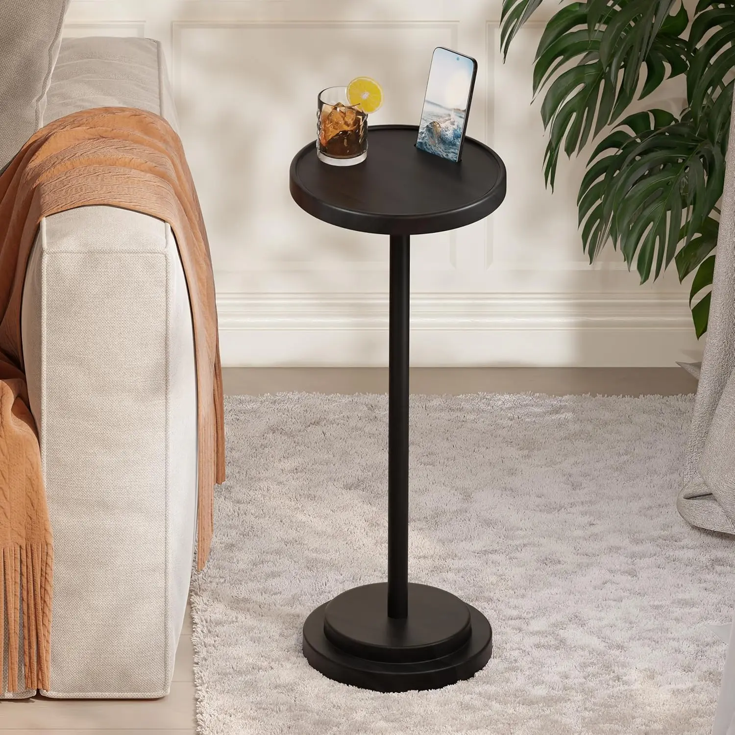 

Drink Table, 24.4" Tall Compact Side Table with Phone Slot and Weighted Base, Durable Pedestal Table Accent for Living R