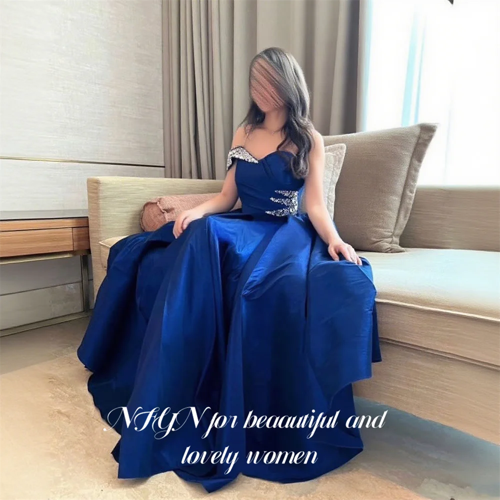 NFYN – robe de bal bleue en Satin, ligne A, pierres de cristal, asymétrique épaule dénudée, soirée formelle pour femmes, personnalisée