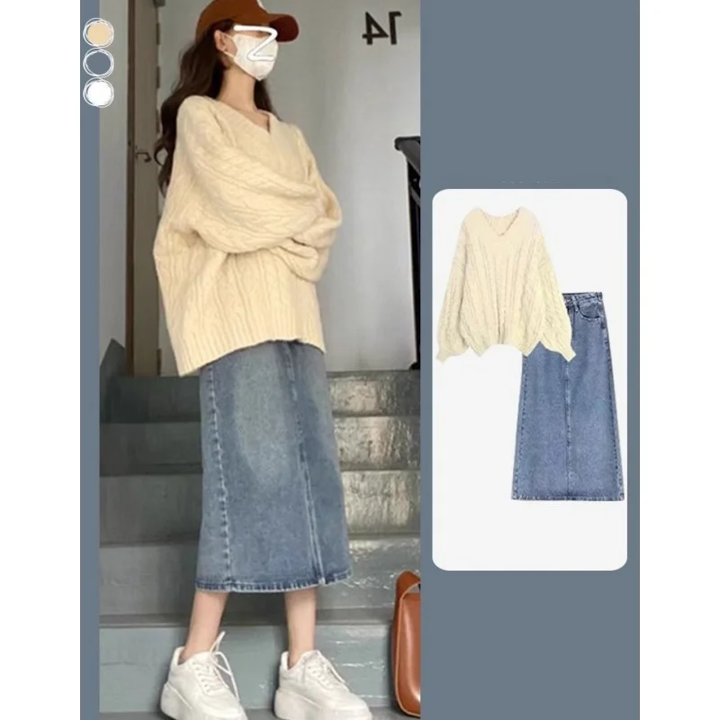 

Women's Autumn Winter Loose Sweater Denim Skirts Two Piece Suits 2025 New Lady Daily Joker Knit Tops Jeans Outfits Fashion Sets