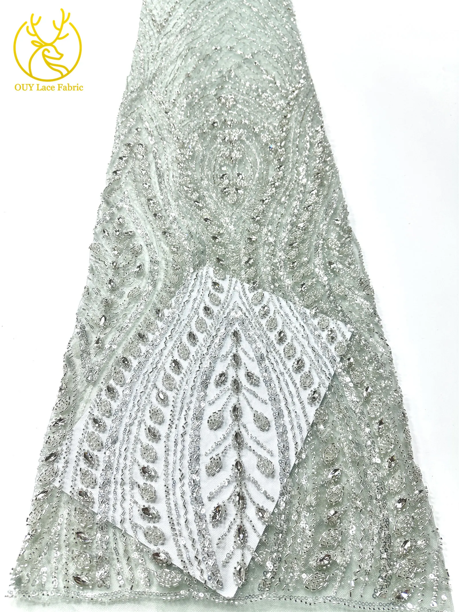 Nigerianischer handgefertigter Perlen-Diamant-Spitzenstoff, neuester 2026 eleganter afrikanischer Pailletten-Tüll-Spitzenstoff für Hochzeitskleider. – Detail 20