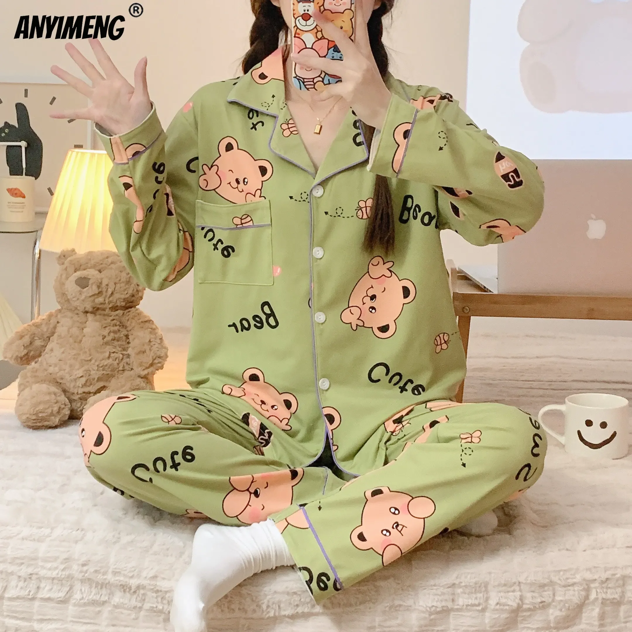 Full of Cats Printing Pajamas Set for Woman Autumn Spring Soft Cotton Sleepwear for Girl Kawaii Turn-down Collar Casual Homesuit