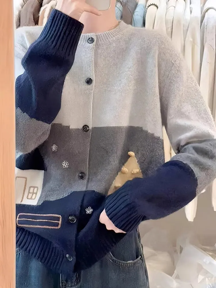 

Faionable Color Blo Knitted Wool Sweater Long Sve round Ne Loose Fit Autumn Cardigan Korean Sle Commute Button Detail