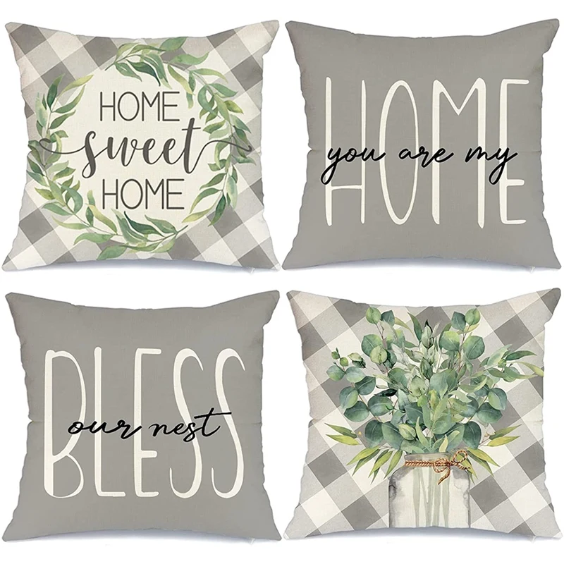 Farmhouse Spring Pillow Covers Set Of 4 18X18 Eucalyptus Leaves Throw Pillows Buffalo Plaid Spring Decorations For Couch