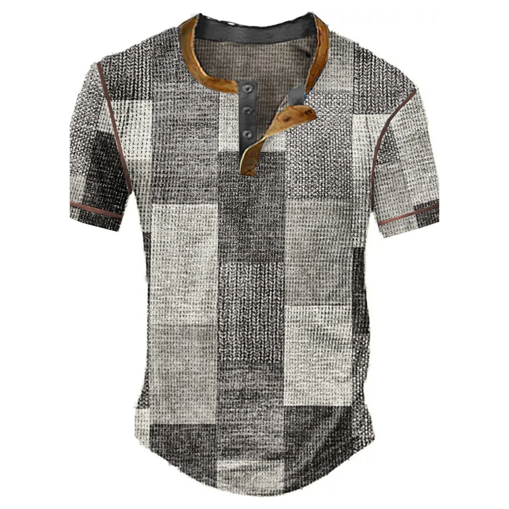 Farbblock-Patchwork Grafik 3D-Druck Henley-Shirts Herren Vintage Mode Übergroße Kurzarm T-Shirts Männer Oberteile Kleidung – Detail 3