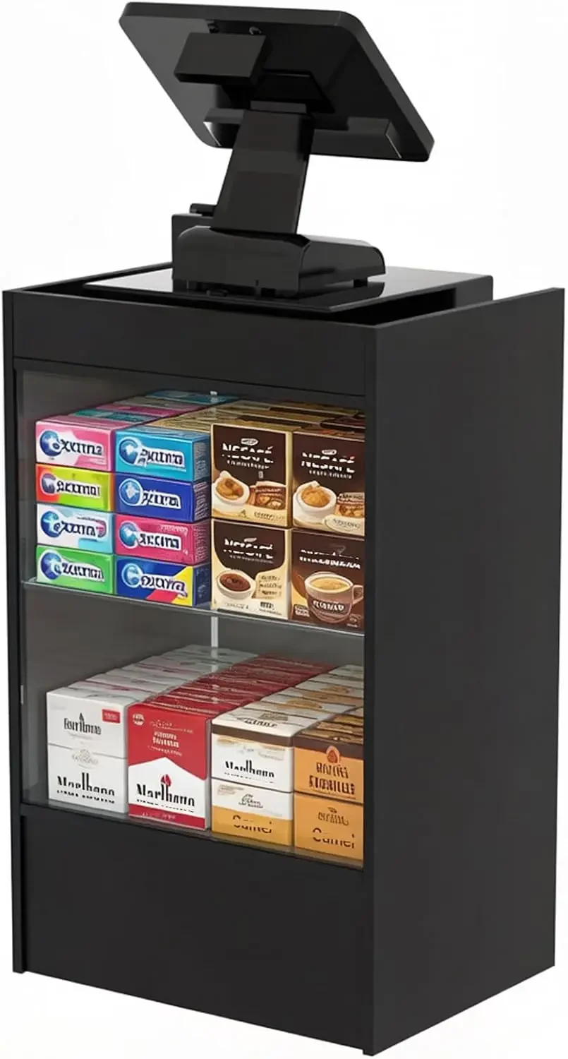 24”W * 18”D * 38”H - Black Retail Cash Register Stand Cash Wrap Checkout Desk Portable Counter Podium Stand with Drawer & Glass