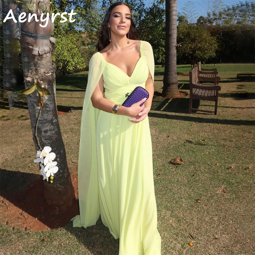 Aenyrst amarillo mangas largas con cuello en V vestidos de cóctel gasa plisada una línea vestidos de fiesta hasta el suelo vestido de fiesta personalizado