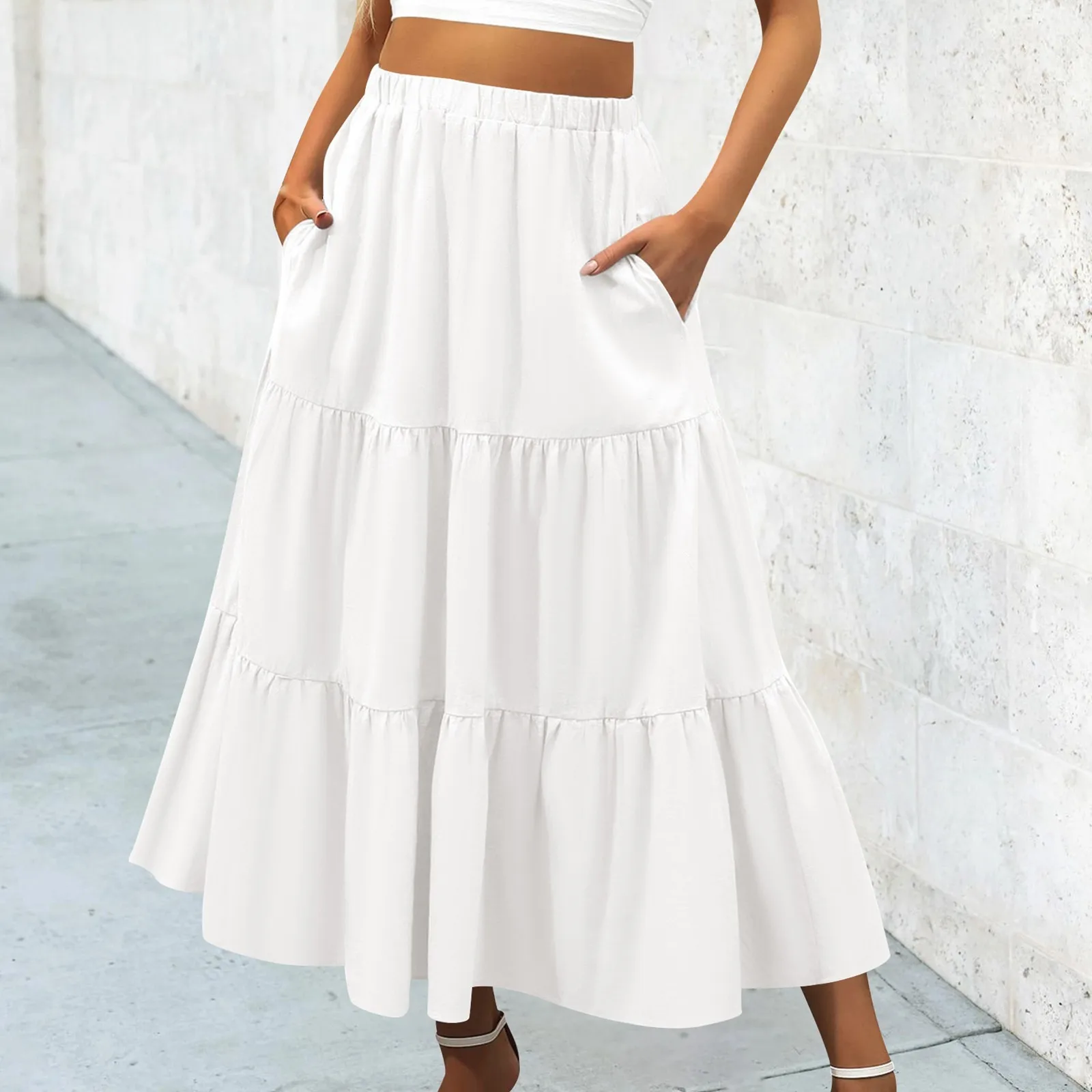 

Classic Fashion Ruffle Layered Hem Solid Beach Bohemian Long Skirt Female Summer Elegant Office Party New