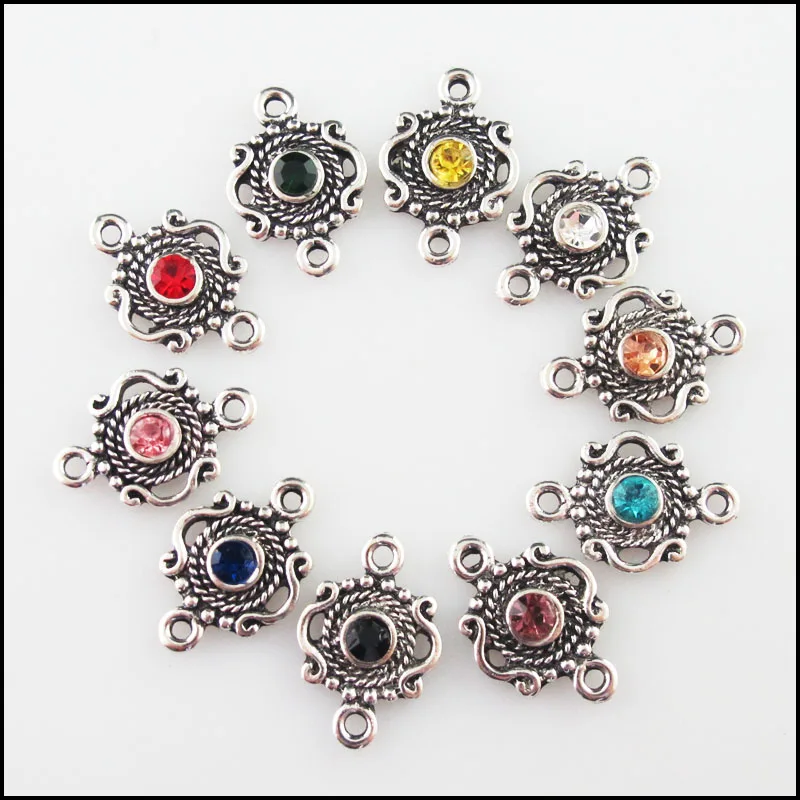 Fashion 20Pcs Mixed Crystal Tibetan Silver Plated Crown Flower Charms Connectors 13x19mm