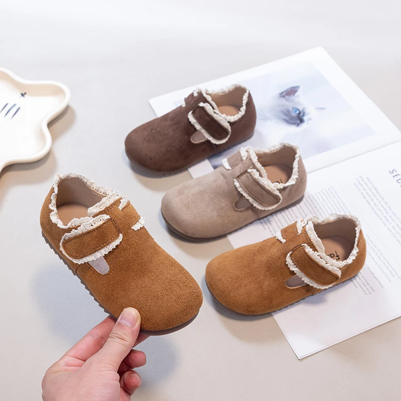 Autumn Kids Flats Shoes Ruffles Shallow Simple Solid Toddler Girls Princess Shoes Soft Hook Loop Non Slip Children Single Shoes