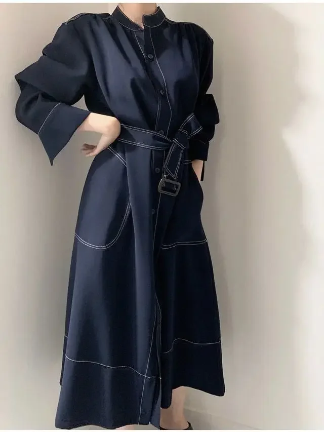 

Stand Up Collar Visible Thread Single Breasted Loose Strap Dress Long Sleeved Dress Women's Free Waist Belt