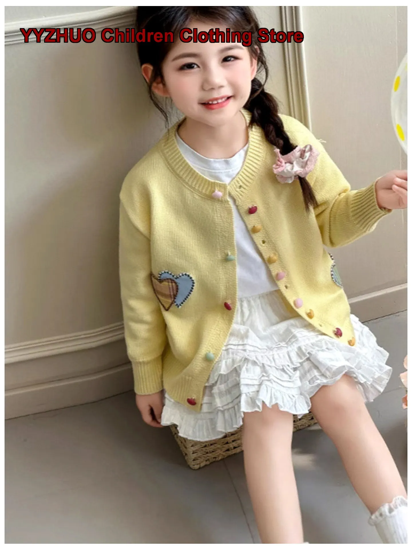 Girls Cardigan Kids Autumn 2025 Knit Cardigan Button Design Geometric Pattern Stylish Outerwear Older Kids