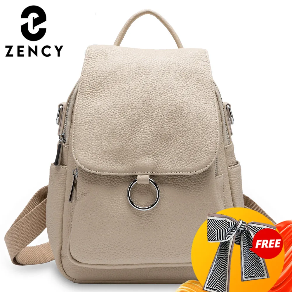 Zency-Mochila clásica de piel auténtica para mujer, bolso de viaje informal y diario, color Beige, color negro, 100%