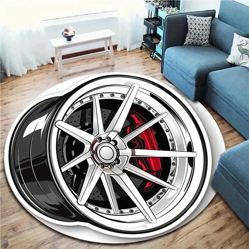 Silvery Black Wheels Printing Round Carpet Living Room Bedroom Kitchen Bathroom Floor Mat Soft Circle Rug Birthday Decor