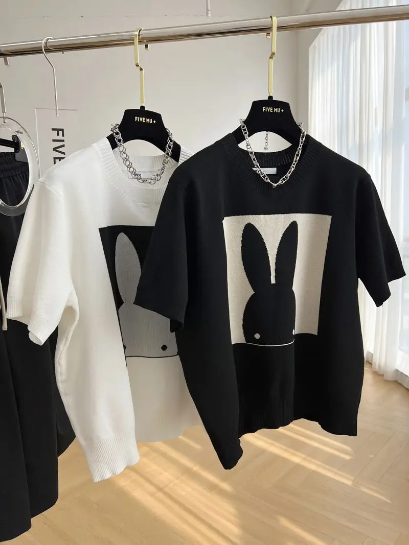 Fat Mm300 Catties Age-reducing Cartoon High-end Ice Silk Short-sleeve Sweater Women Thin Summer Fashion Half-sleeved T-shirt Top