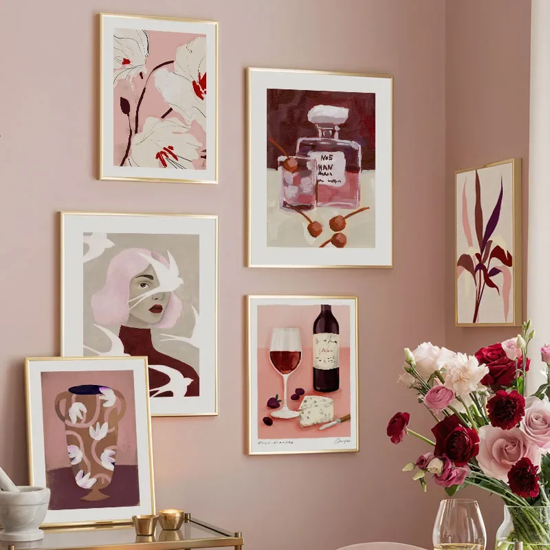 Pósteres e impresiones abstractos de vino tinto, chica a rayas rojas, flores, pájaros, cuadro sobre lienzo para pared, imágenes de Bar de Hotel, decoración para sala de estar