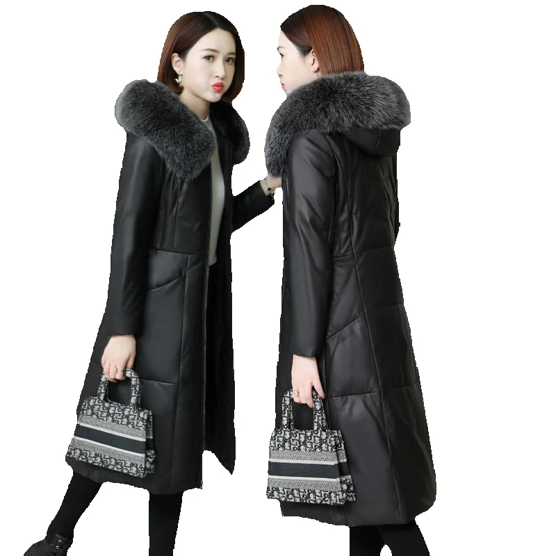 

Leather Coat Season New Leather Down Women's Long Fox Collar Sheepskin Coat