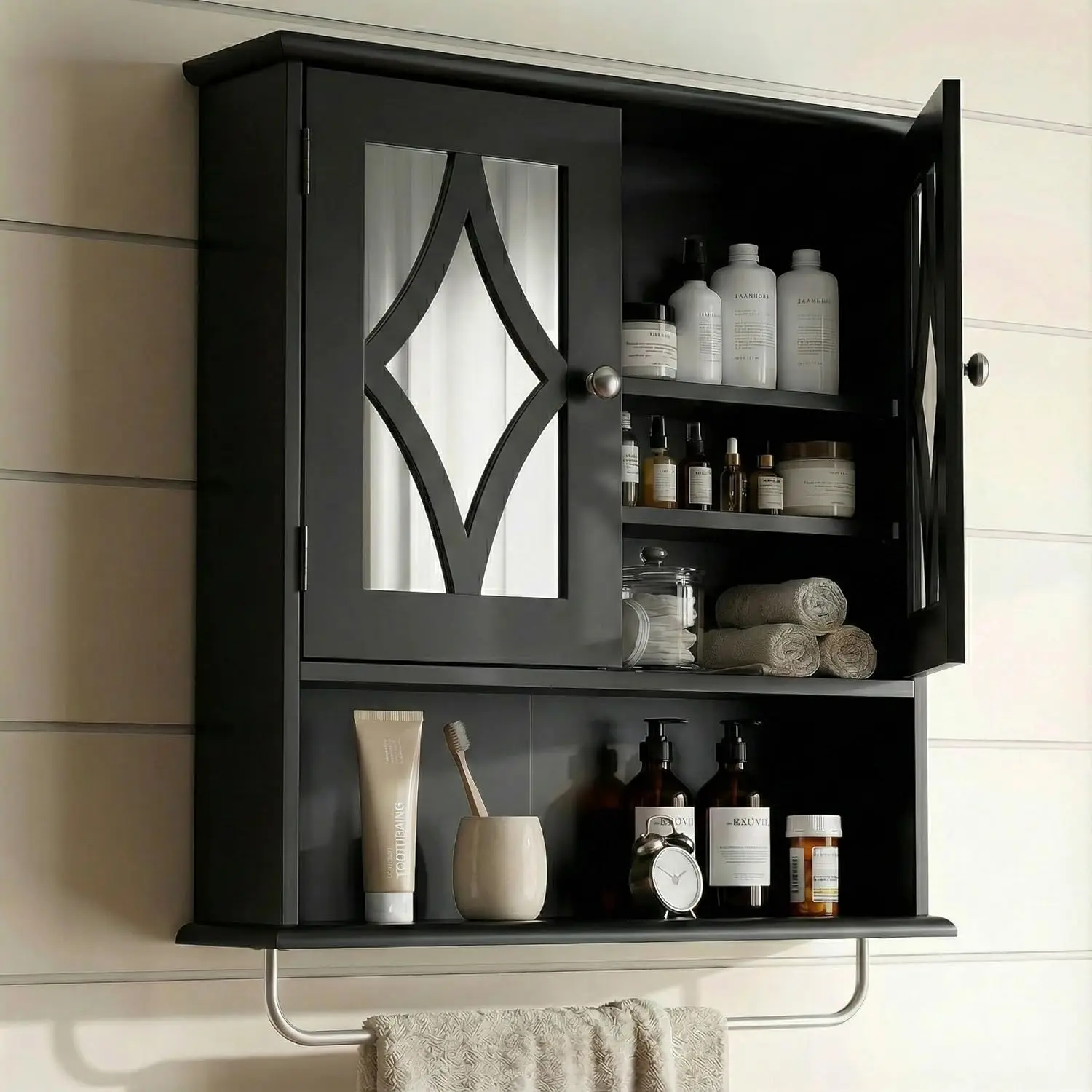 

Wall Mounted Bathroom Medicine Cabinet with Towel Rack and Adjustable Shelf, Large Over Toilet Storage, Black 22x25 Inch