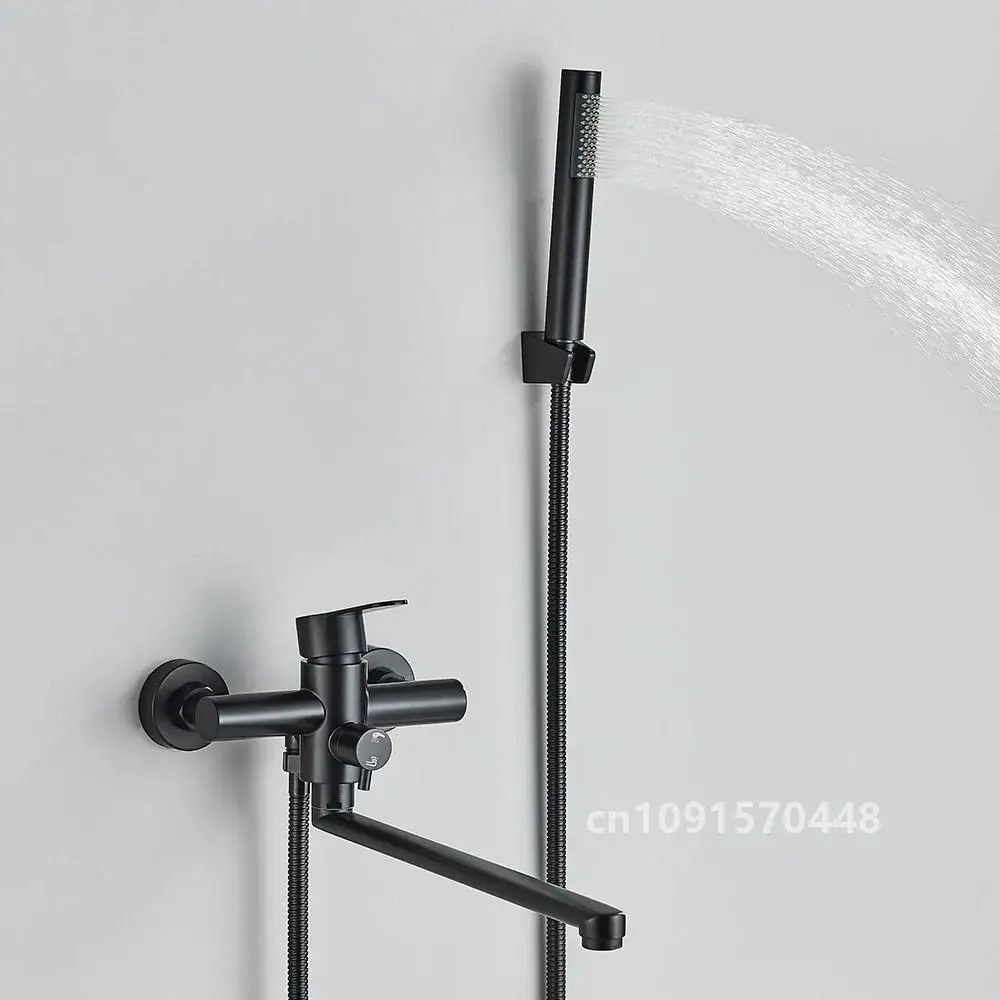 Matte Black Hot and Cold Bathtub Shower Faucet Swivel Tub Spout Wall Mounted Bath Mixer Waterfall Bathtub Tap with Handheld Show