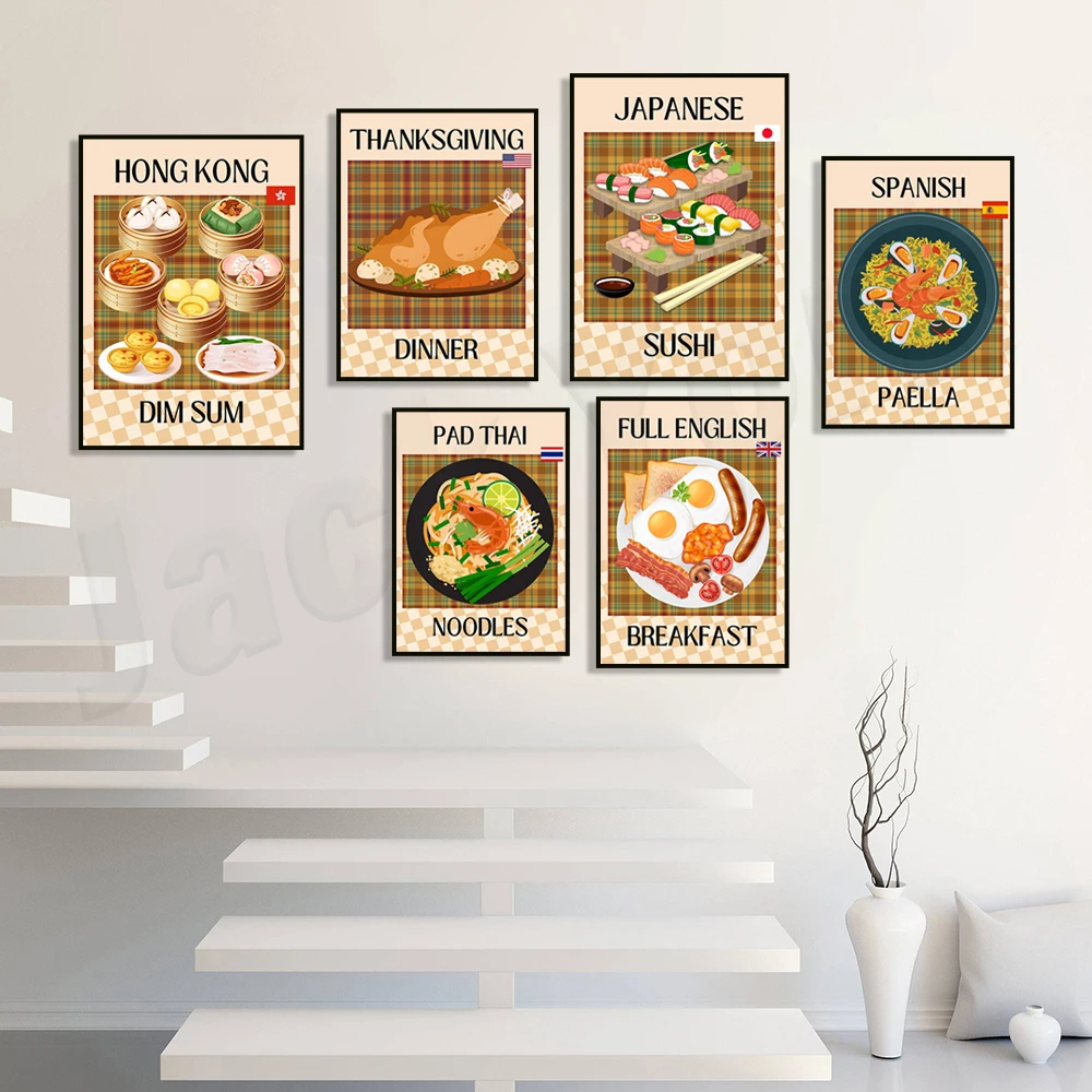 Sushi, English breakfast, Belgian mussels, salad, ratatouille, cinnamon buns, bibimbap, paella, dim sum food poster