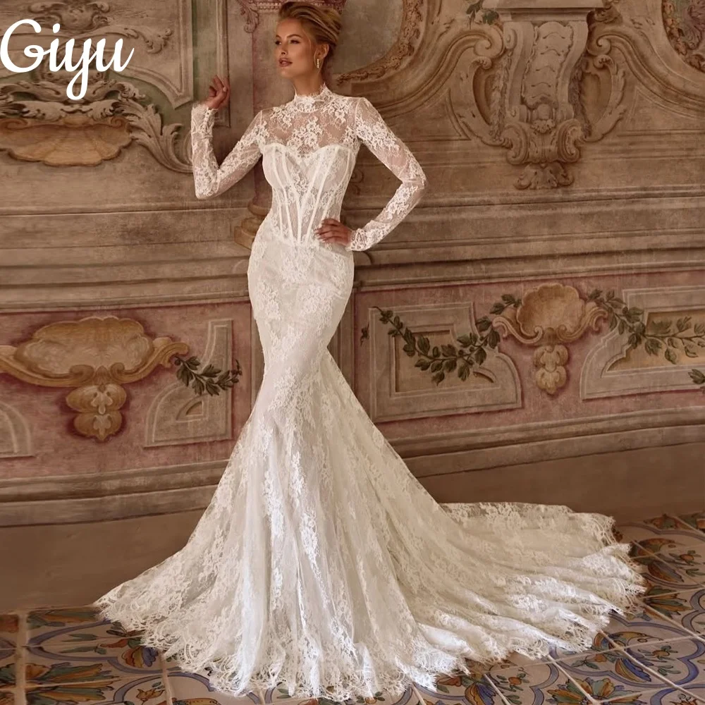 

Giyu Princess Mermaid Lace Wedding Dress High Neck Long Sleeve Court Train Exquisite Customized Bridal Gown vestidos de novia