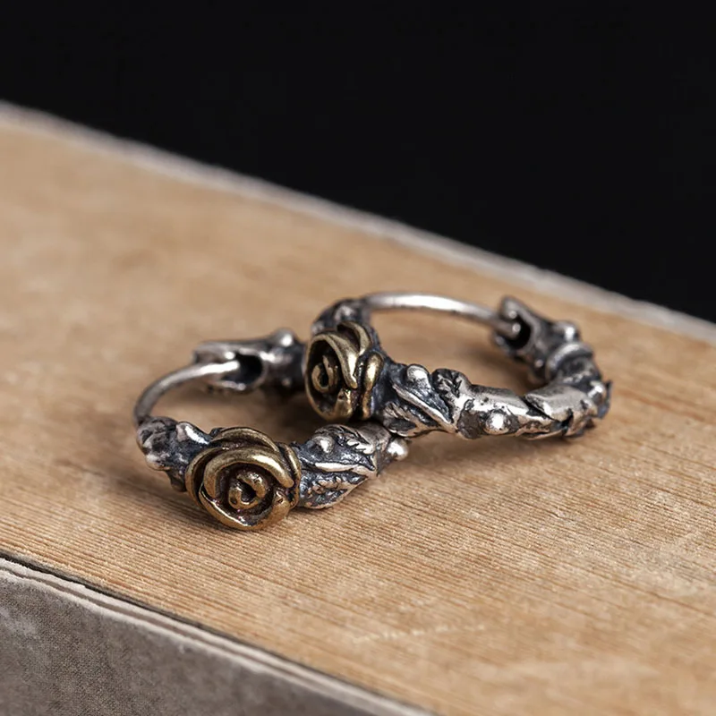 

Unique Design Real 925 Sterling Silver Ear Rose Flower Hoop Earrings For Women Piercing Retro Hip Hop Jewelry Allergy Free