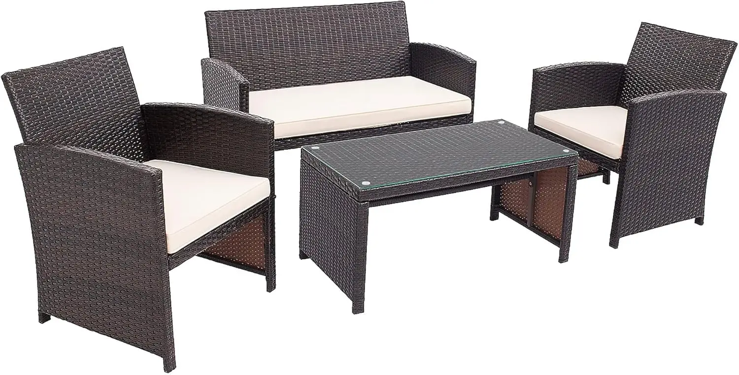 

4 Pieces Wicker Patio Furniture Set, Outdoor PE Rattan Conversation Set with Chairs, Loveseat, Coffee Table, Cushions for Poolsi