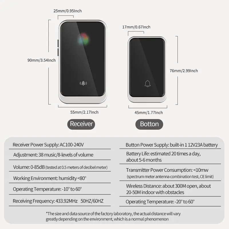EZHEN جرس باب لاسلكي للمنزل 38 أغنية 300 متر طقم جرس الباب عن بعد مع جهاز إرسال واحد وجهاز استقبال سهل التركيب #6