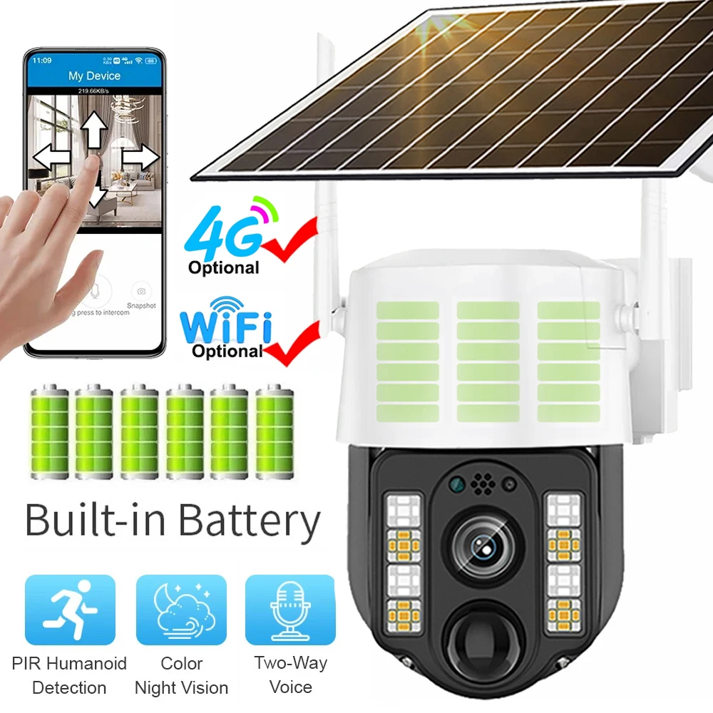 

Cámara Solar 4G/WiFi para exteriores, cámara IP impermeable,protección de seguridad CCTV, batería integrada con Panel Solar