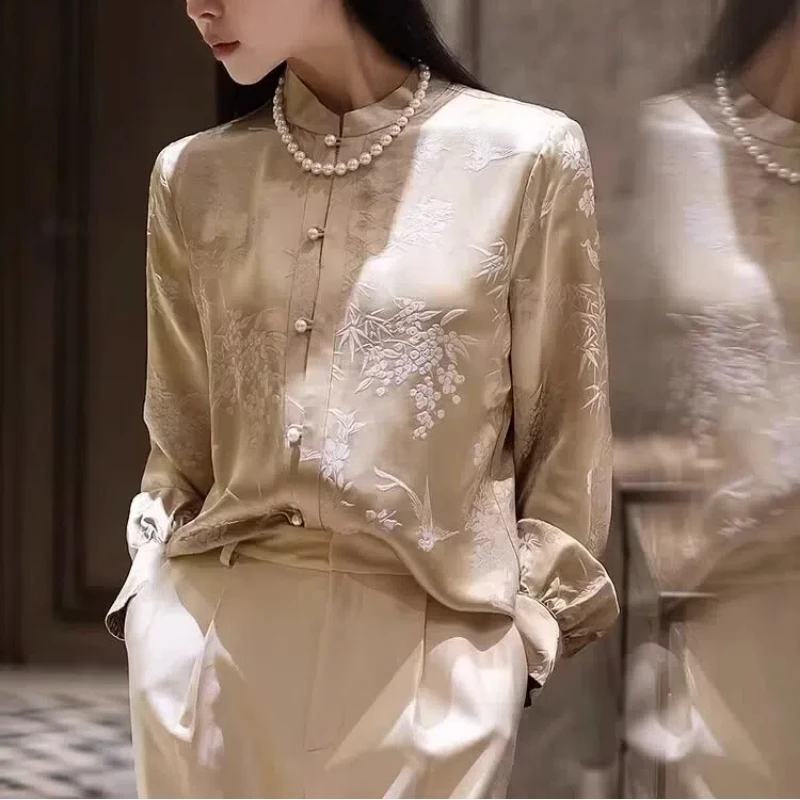 

Spring Autumn New Solid Color Shirt Women High Street Stand Collar Long Sleeve Fashion Cardigan Vintage Chinese Style Chic Tops