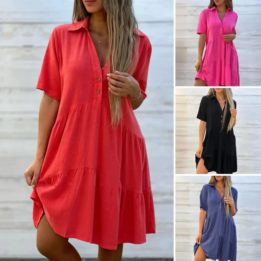 

Summer Dress Stylish Summer Women's V Neck Pleated Patchwork A-line Dress with Swing Hem Solid Color Short Sleeves Knee Length